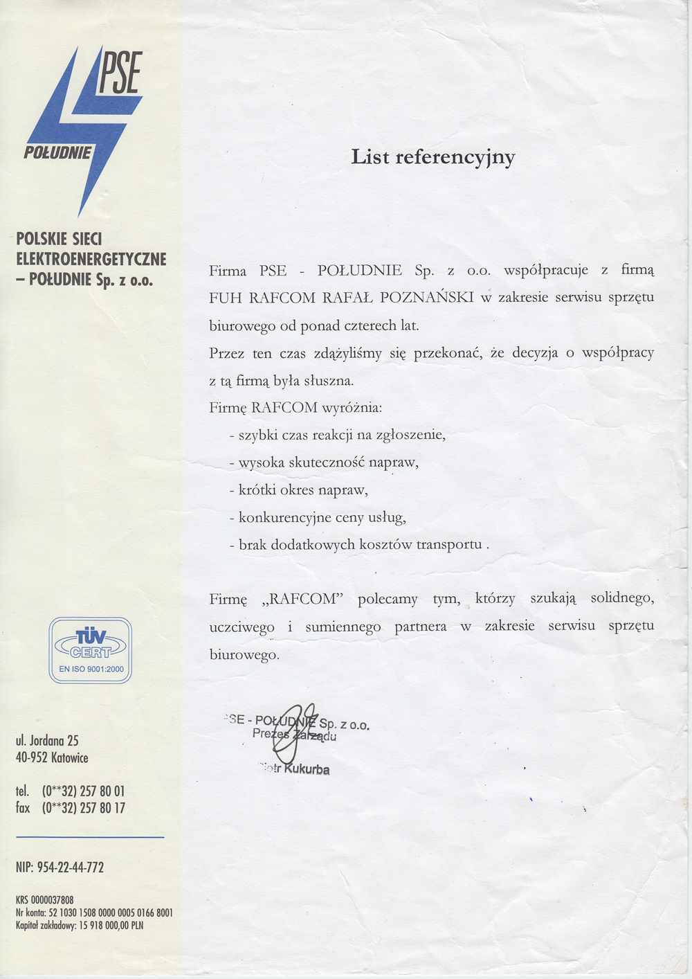 List referencyjny dla firmy Rafcom Katowice